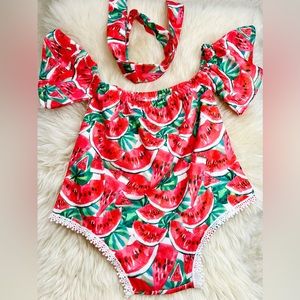 Toddler girl watermelon romper with matching headband. Size 9-12 months.